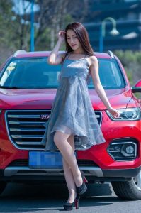 开哈弗的漂亮美女穿肉丝高跟鞋露背车模照片