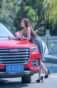 开哈弗的漂亮美女穿肉丝高跟鞋露背车模照片