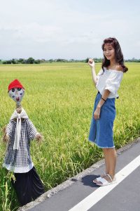 CC姐穿牛仔裙在稻田里拍照片